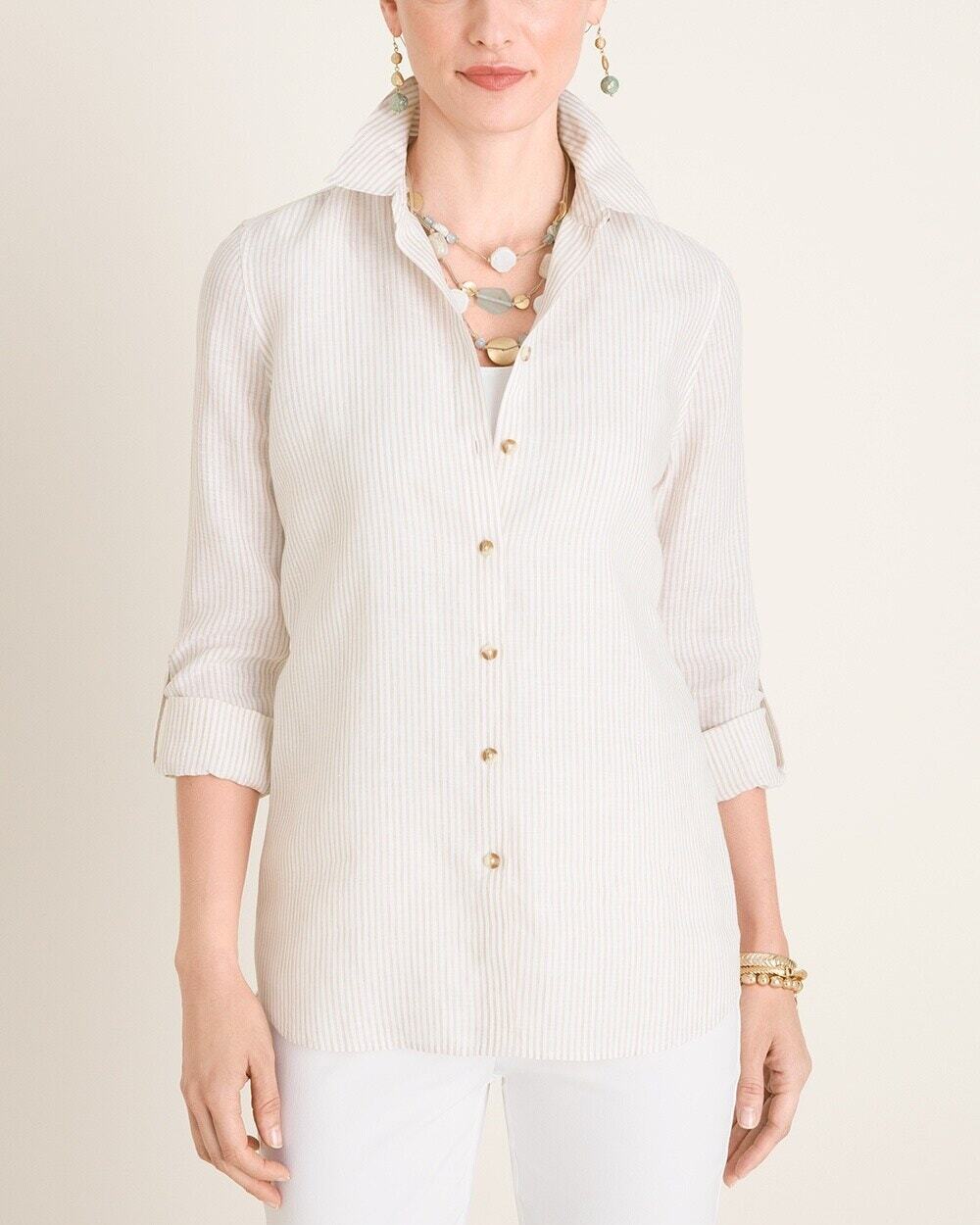 Chico's No Iron Shirt Linen Striped Print Roll-Tab Sleeve Tan White Womens Small